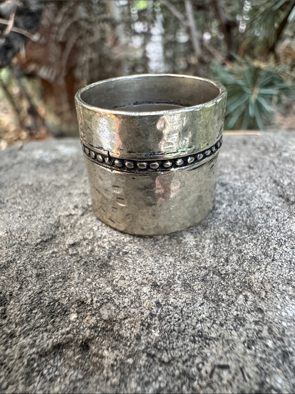 Sundance Silver-Tone Wide Hammered Band Ring with Beaded Accent